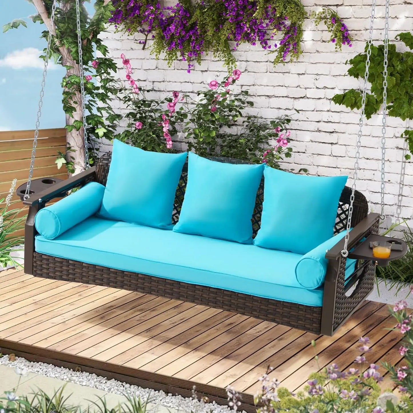3 Seat Porch Swing, Wicker Patio Swing with Cup Holders & 3 Back Cushions, Yard Swing with Chains for Deck Garden, Customized