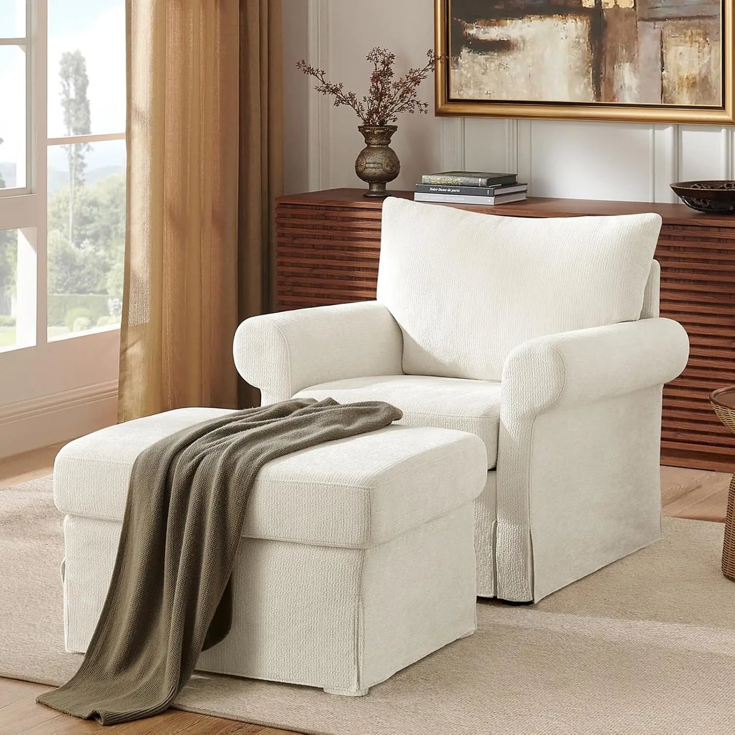 Modern Accent Chairs with Ottoman Set, Comfy Chenille Reading Armchair with Rolled Arms and Cushion Backrest, 35.8", Customized