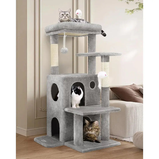 GloCat Tree Tower or Indoor Cats, 50-inch Adult Cat Tree House or Large Adult Cats with Steps, Scratching Post, 2 Cat Caves, Dan