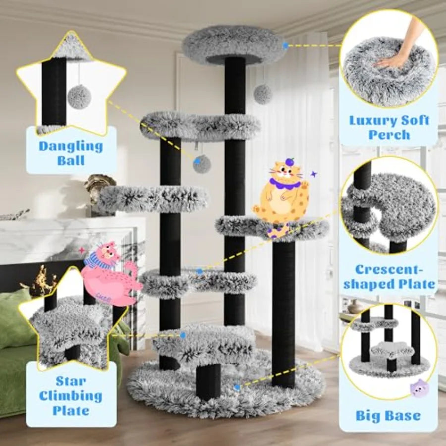 61.5in Cat Tree Tower Multi-Level Activity Center with Cozy Perch Star-Shaped Platform Moon Jumping Board Sisal Scratching Post