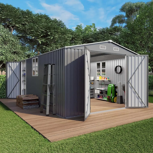10x14x6.7FT Outdoor Storage Shed, Galvanized Steel Garden Shed with Lockable Door & Window, Waterproof Metal Tool S