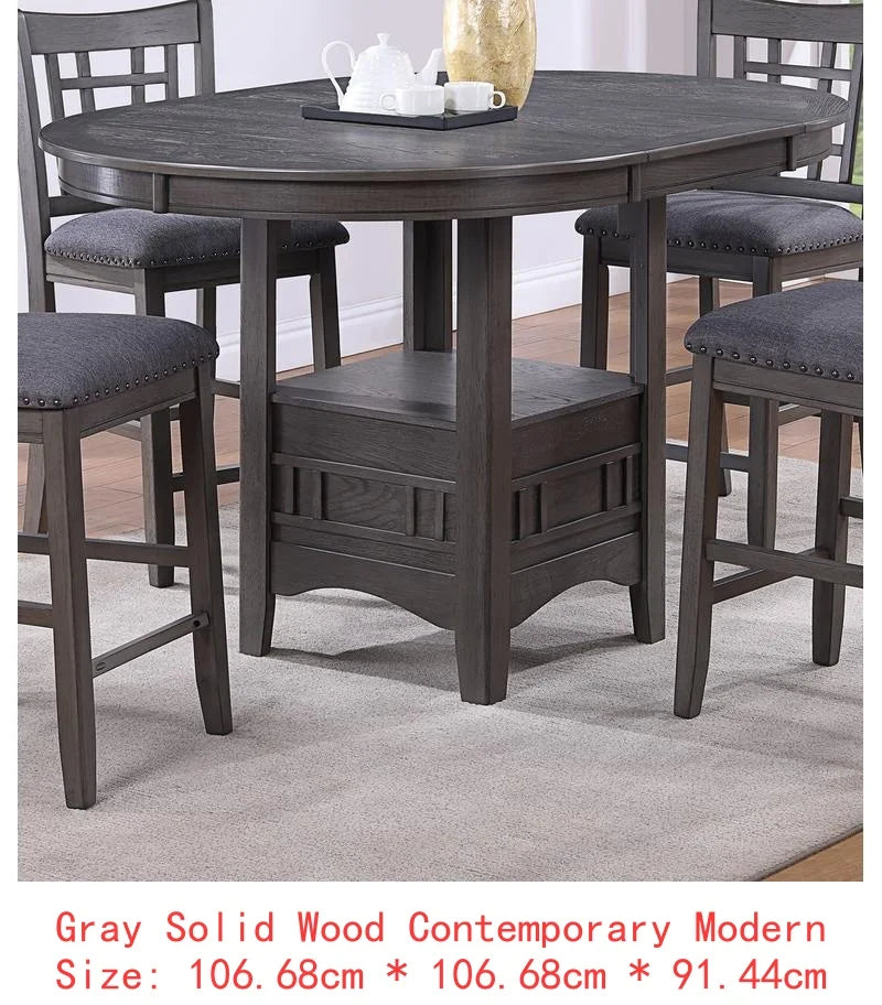 Contemporary 5pc Counter Height Dining Set, Round Table with Leaf & 4 Side Chairs, Gray Finish, Solid Wood