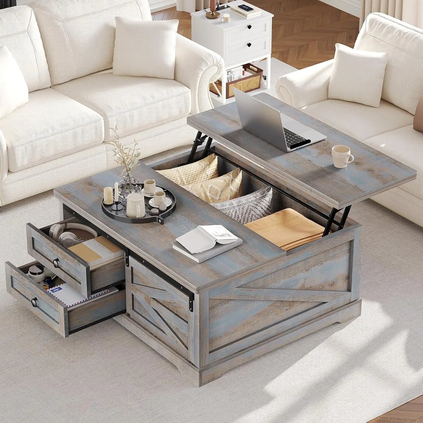 39.4'' Lift Top Coffee Table with Storage, Farmhouse Coffee Tables for Living Room, Square Coffee Table with Large, Customized