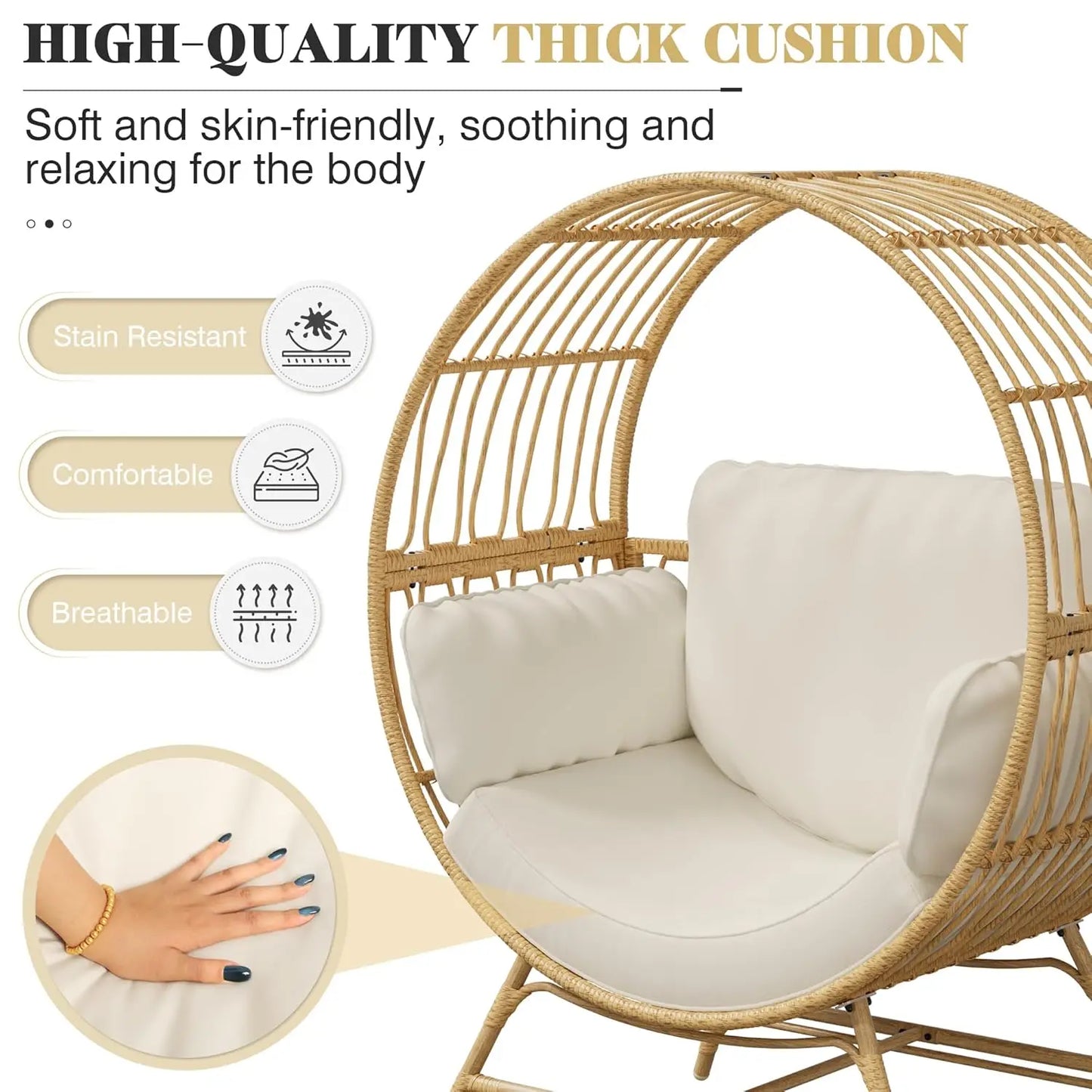 Oversized Egg Chair Indoor/Outdoor Rattan Hanging Basket Chair with Thickened Cushion Supports 350LBS – Wicker, Customized