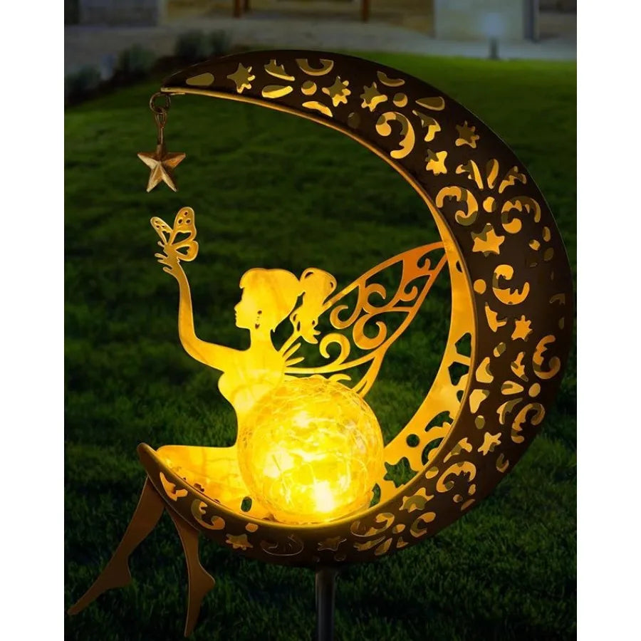 Solar Garden Statues Outdoor Decor Fairy Moon Figurine Light Stake in Silver with LED Lighting for Garden Pathway and Yard Deco