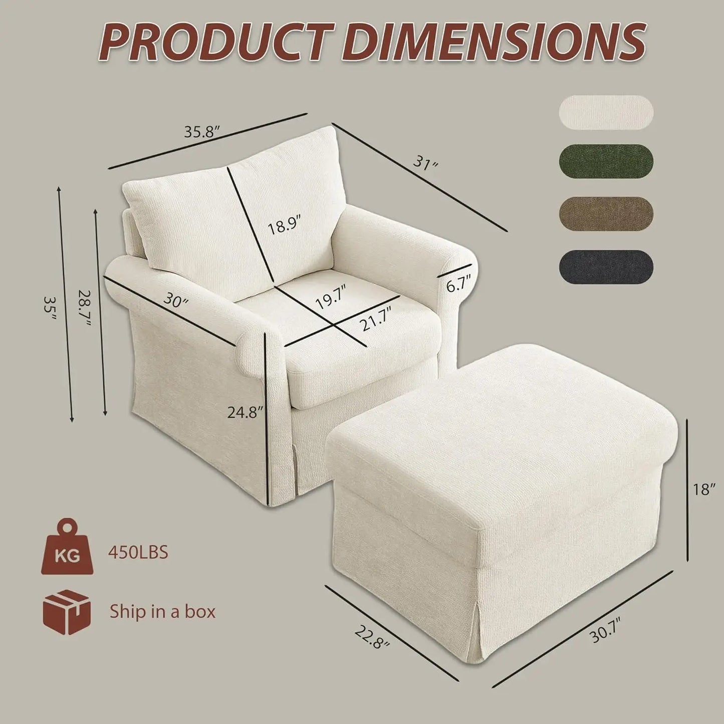 Modern Accent Chairs with Ottoman Set, Comfy Chenille Reading Armchair with Rolled Arms and Cushion Backrest, 35.8", Customized