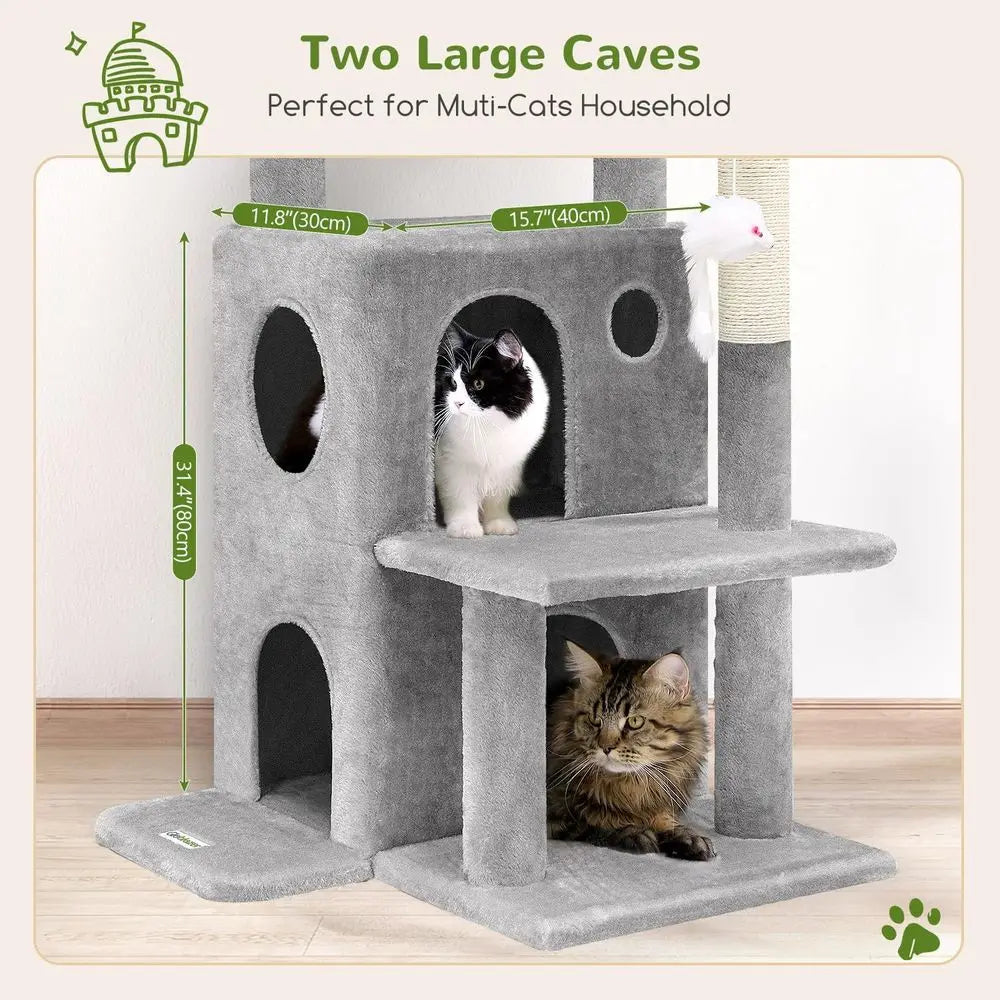 GloCat Tree Tower or Indoor Cats, 50-inch Adult Cat Tree House or Large Adult Cats with Steps, Scratching Post, 2 Cat Caves, Dan