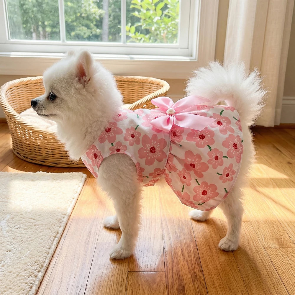 Puppy Princess Dress Summer Kitten Pet Skirt Cute Floral Printed Bow Dog Dresses For Small Medium Puppy Clothing Pet Supplies