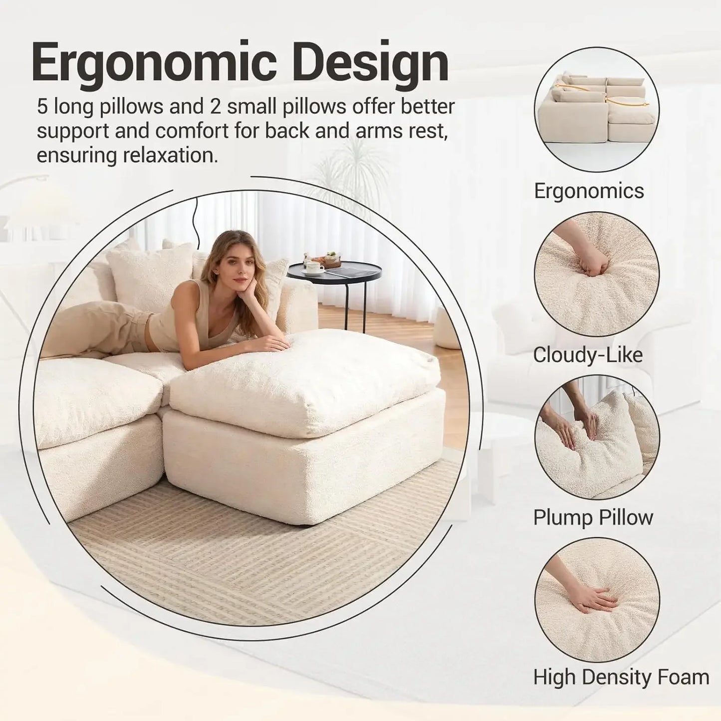 Cloud Boneless 113'' Sofa Couch Deep Seat Modular Sectional with Ottoman Customized Living Room Furniture