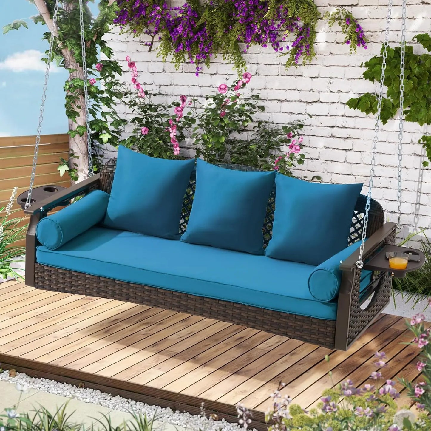 3 Seat Porch Swing, Wicker Patio Swing with Cup Holders & 3 Back Cushions, Yard Swing with Chains for Deck Garden, Customized