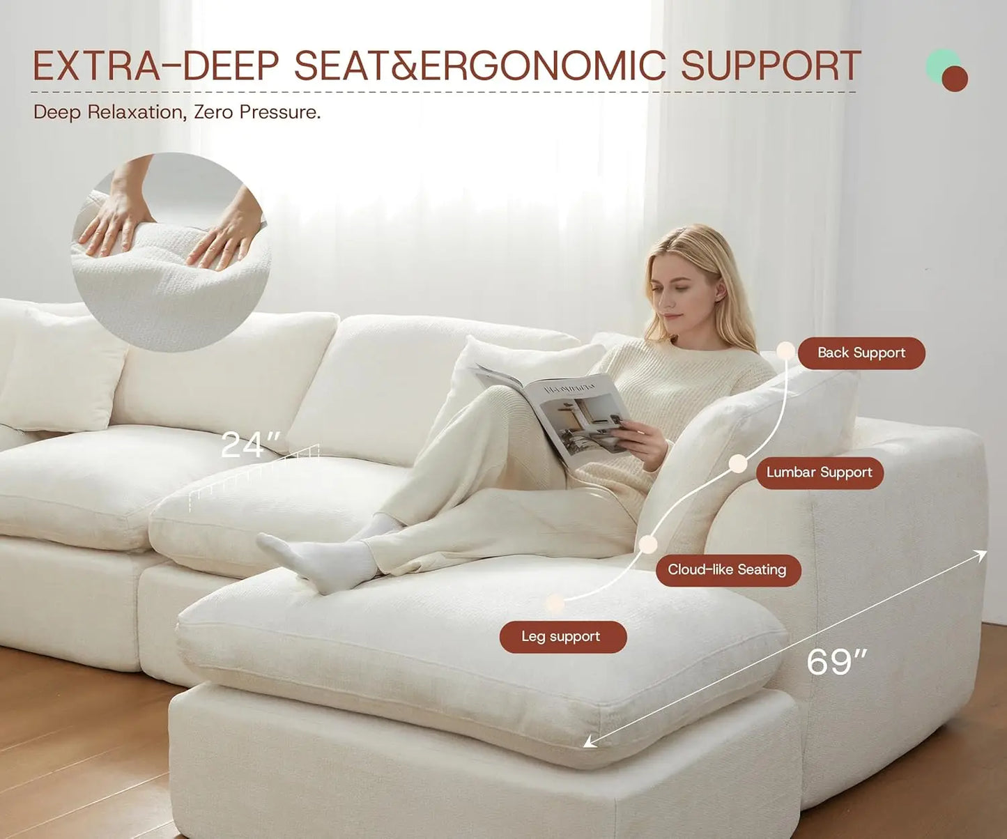 110'' Oversized L Shape Sectional Sofa Ottoman Pillows Chenille Deep Seat Memory Foam 4 Seater Washable Covers Beige Custom