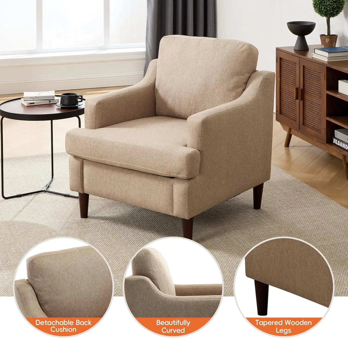 Mid-Century Accent Chair Modern Linen Fabric Armchair for Living Room,Comfy Upholstered Reading Chairs, Customized