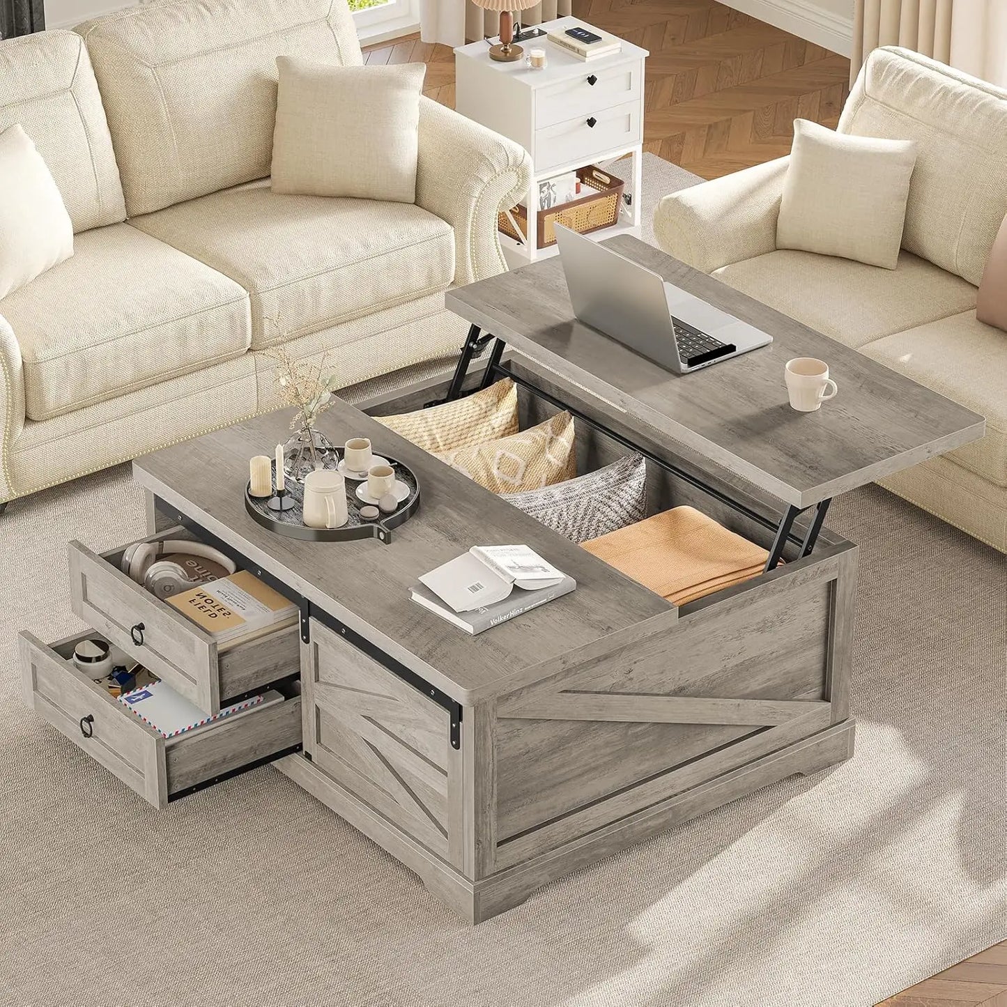 39.4'' Lift Top Coffee Table with Storage, Farmhouse Coffee Tables for Living Room, Square Coffee Table with Large, Customized