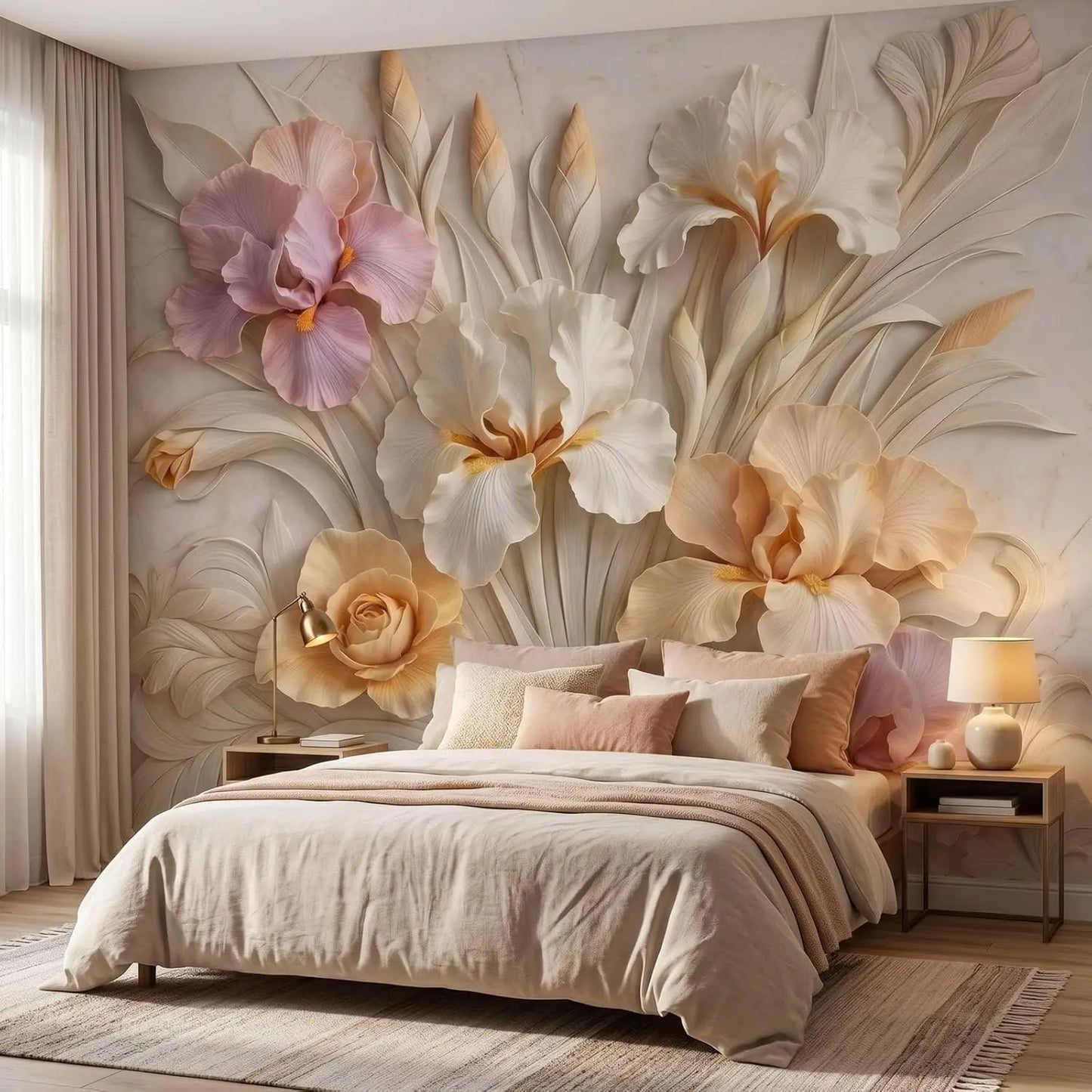 Elegant Large Floral Wall Mural Tapestry Wallpaper Botanical Lily Orchid Design Luxury Beige Room Decor Accent Piece