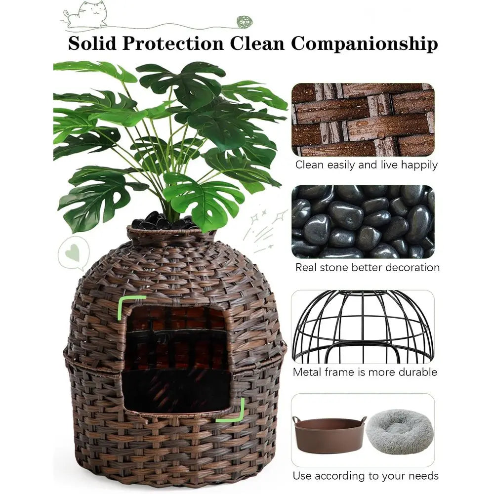 Cat Litter Box Plant urniture Enclosure, Hidden Handwoven Rattan with Cat Litter Box and Artiicial Plants, Odor Control ilter, R