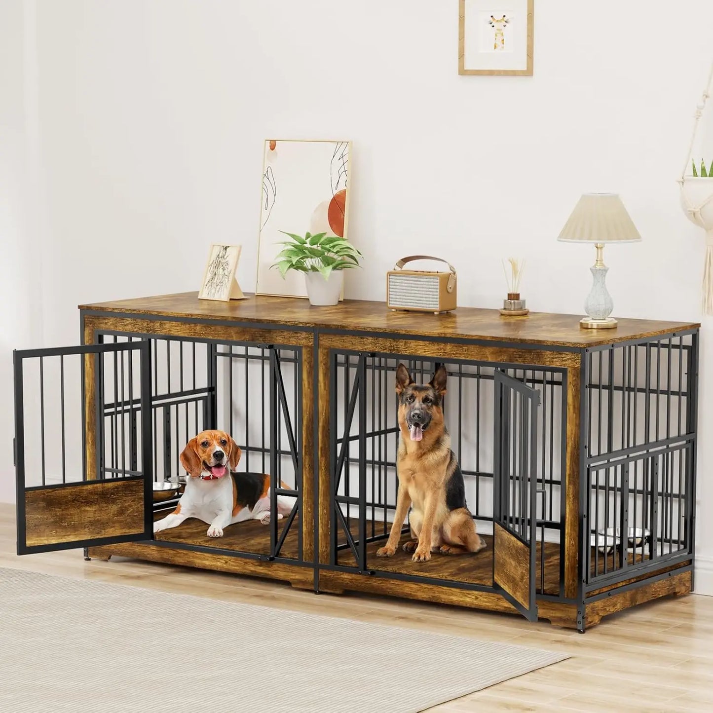 61'' Double Dog Cage Furniture for 2 Dogs, TV Stand Dog Kennel with Adjustable Divider, Heavy Duty Double Dog Crate, Customized