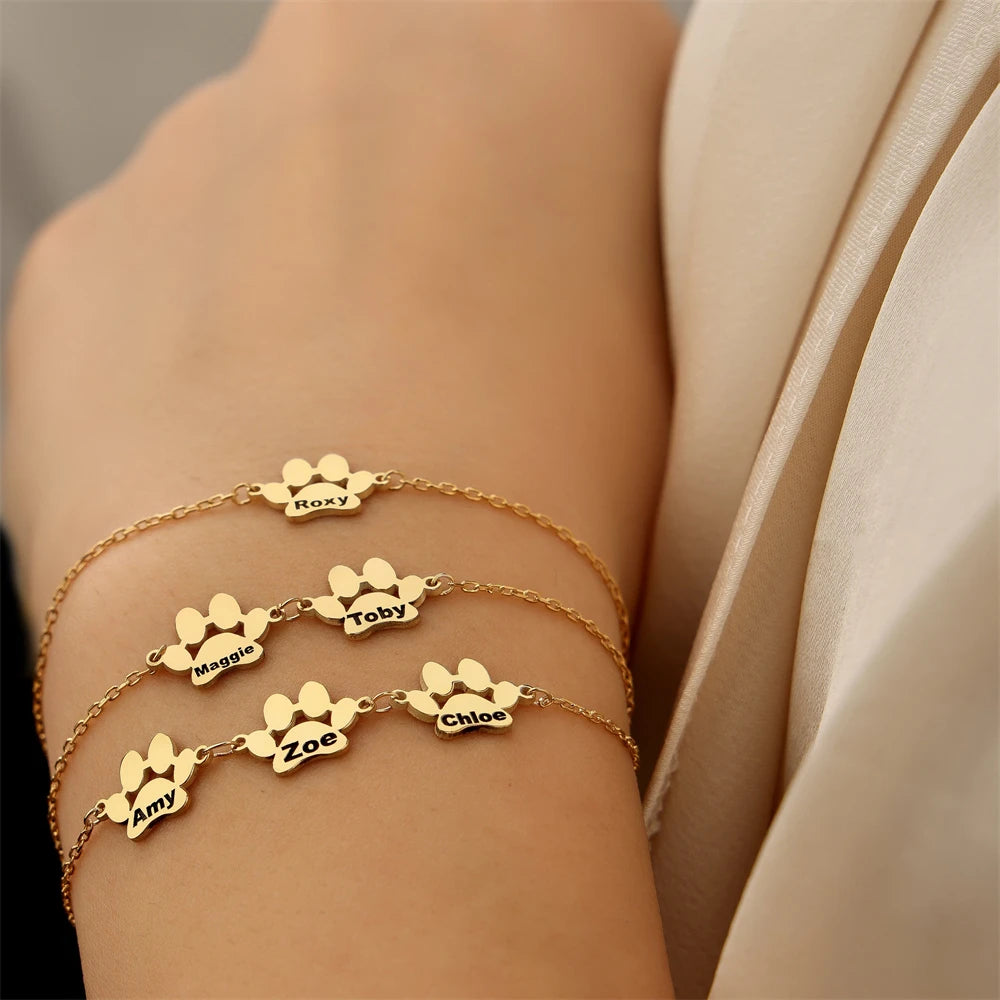Custom Dog Cat Paw Print Name Bracelets For Women Girl Personalized Engraved Animal Nameplate Pulseras Dog Keepsake Jewelry