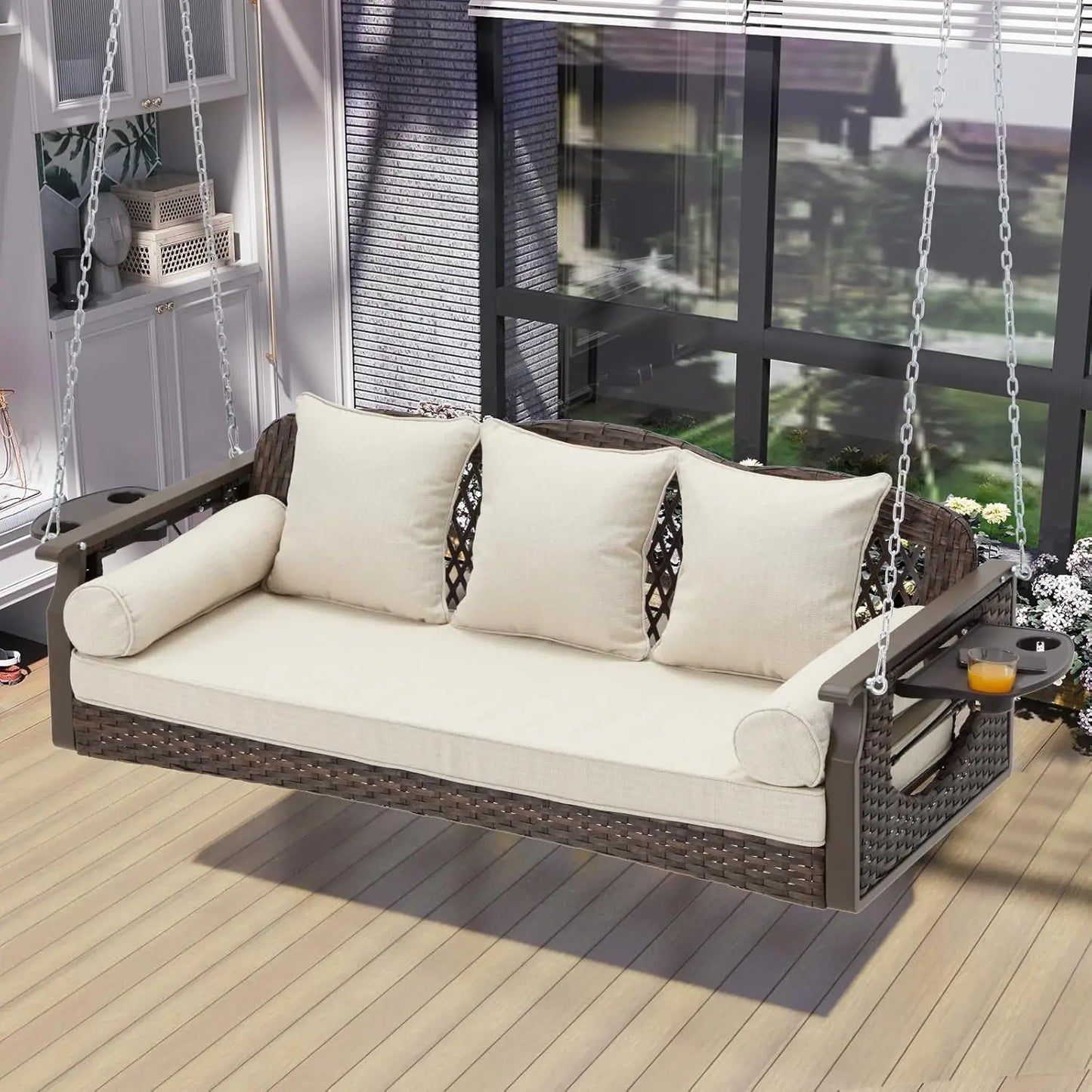 3 Seat Porch Swing, Wicker Patio Swing with Cup Holders & 3 Back Cushions, Yard Swing with Chains for Deck Garden, Customized