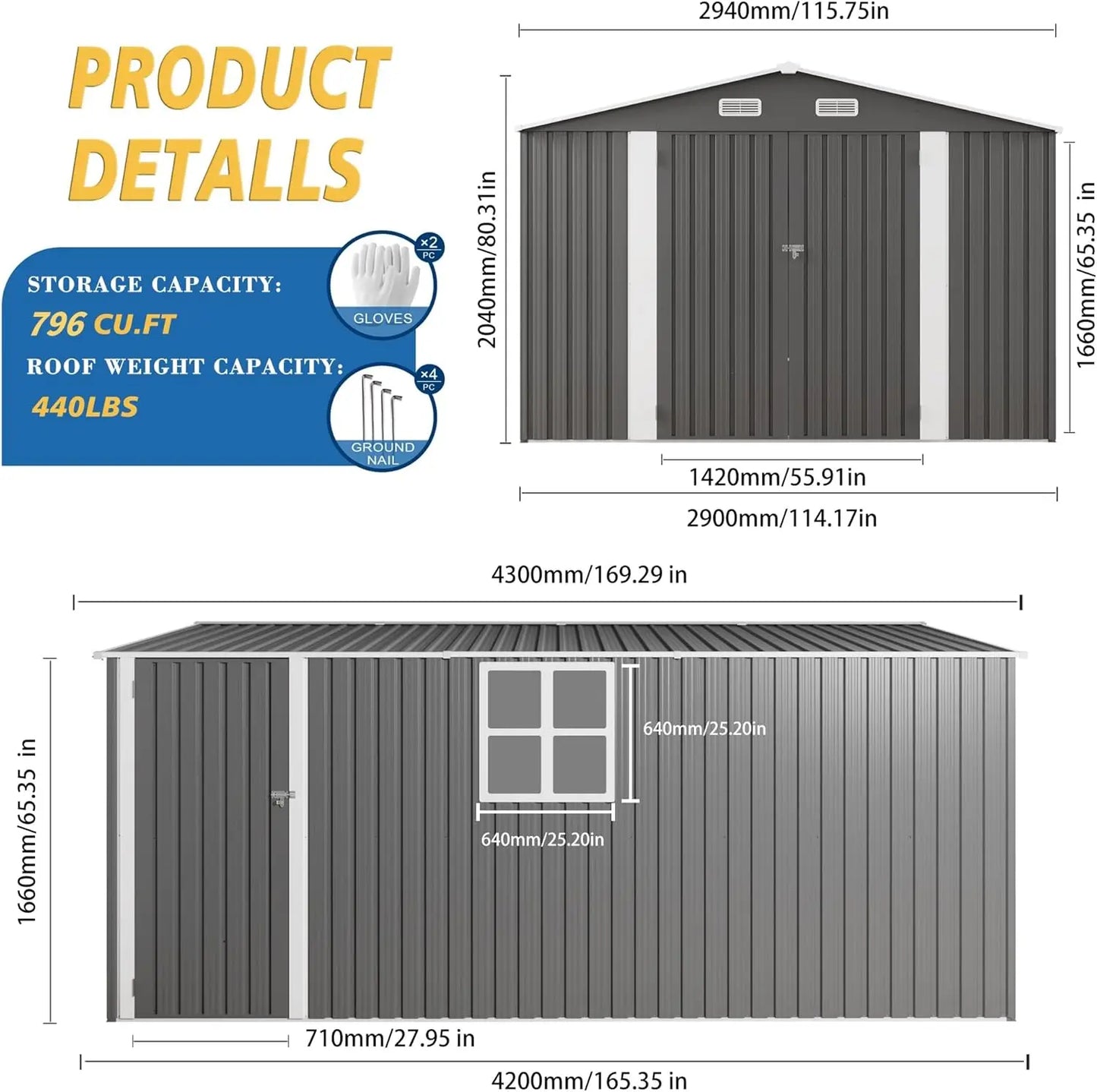 10x14x6.7FT Outdoor Storage Shed, Galvanized Steel Garden Shed with Lockable Door & Window, Waterproof Metal Tool S