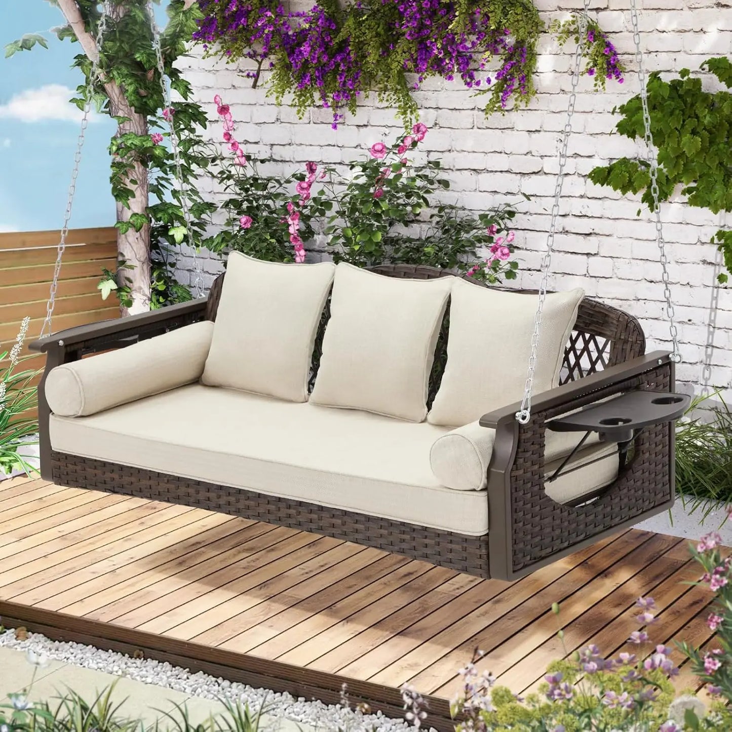 3 Seat Porch Swing, Wicker Patio Swing with Cup Holders & 3 Back Cushions, Yard Swing with Chains for Deck Garden, Customized