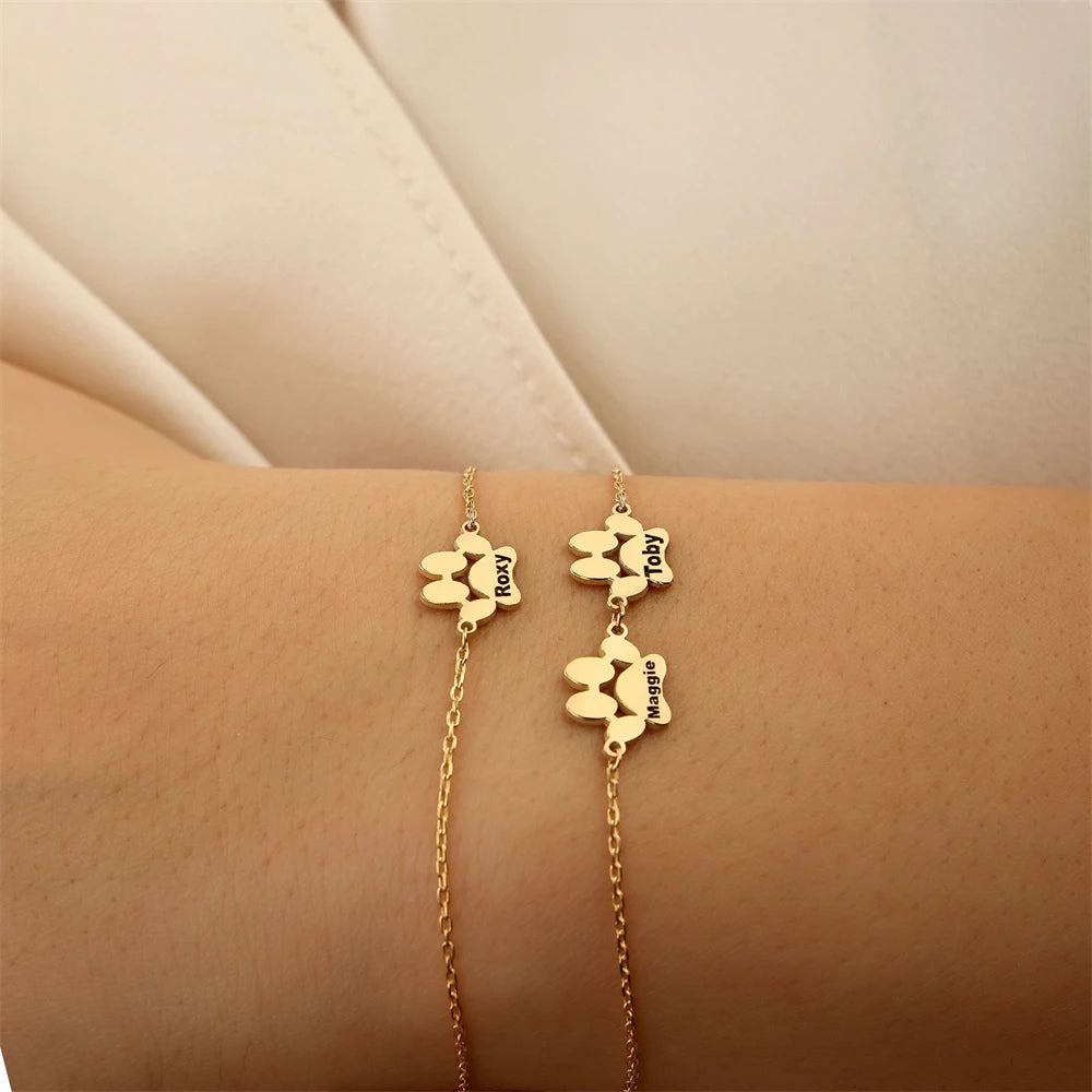 Custom Dog Cat Paw Print Name Bracelets For Women Girl Personalized Engraved Animal Nameplate Pulseras Dog Keepsake Jewelry