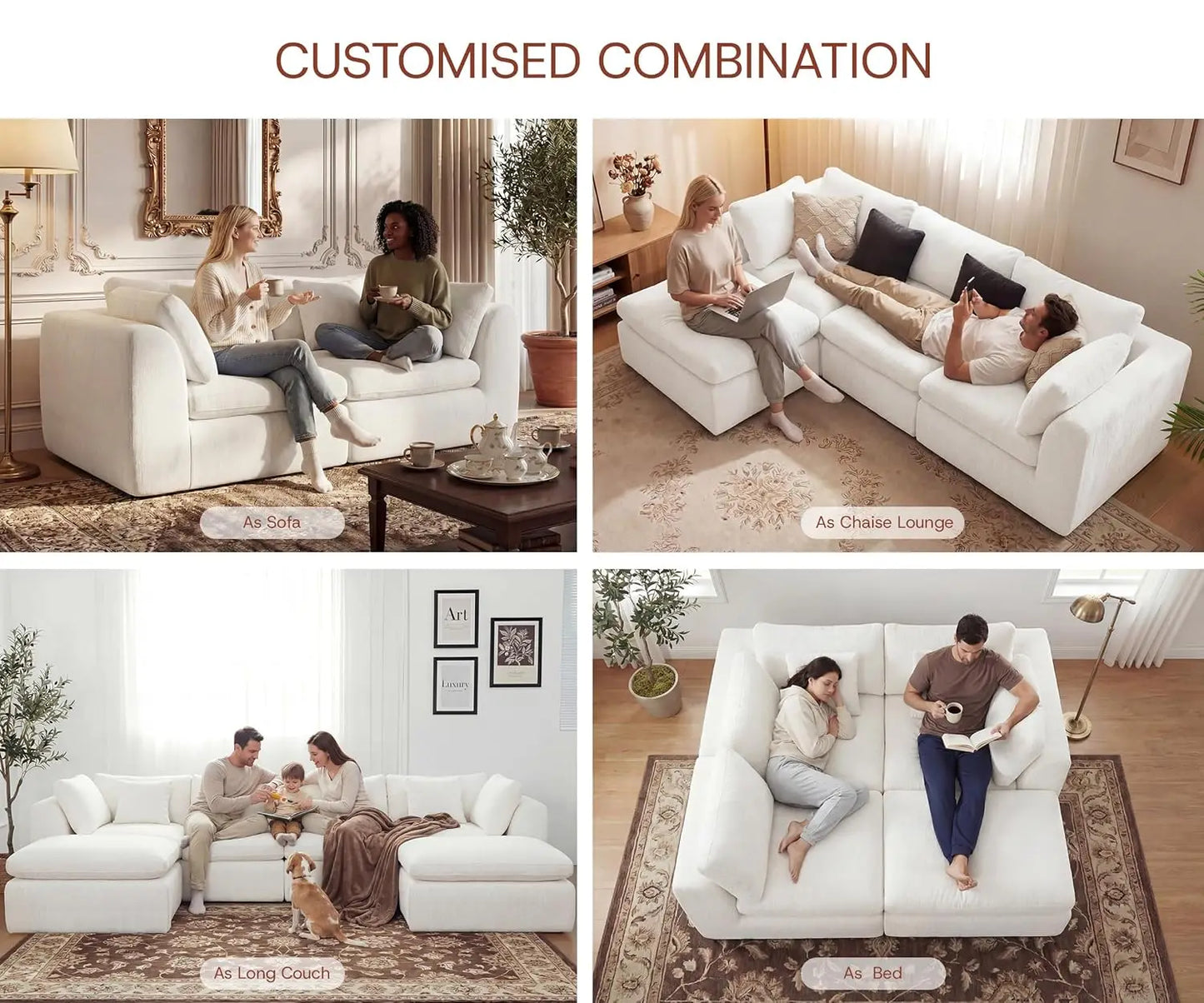 110'' Oversized L Shape Sectional Sofa Ottoman Pillows Chenille Deep Seat Memory Foam 4 Seater Washable Covers Beige Custom