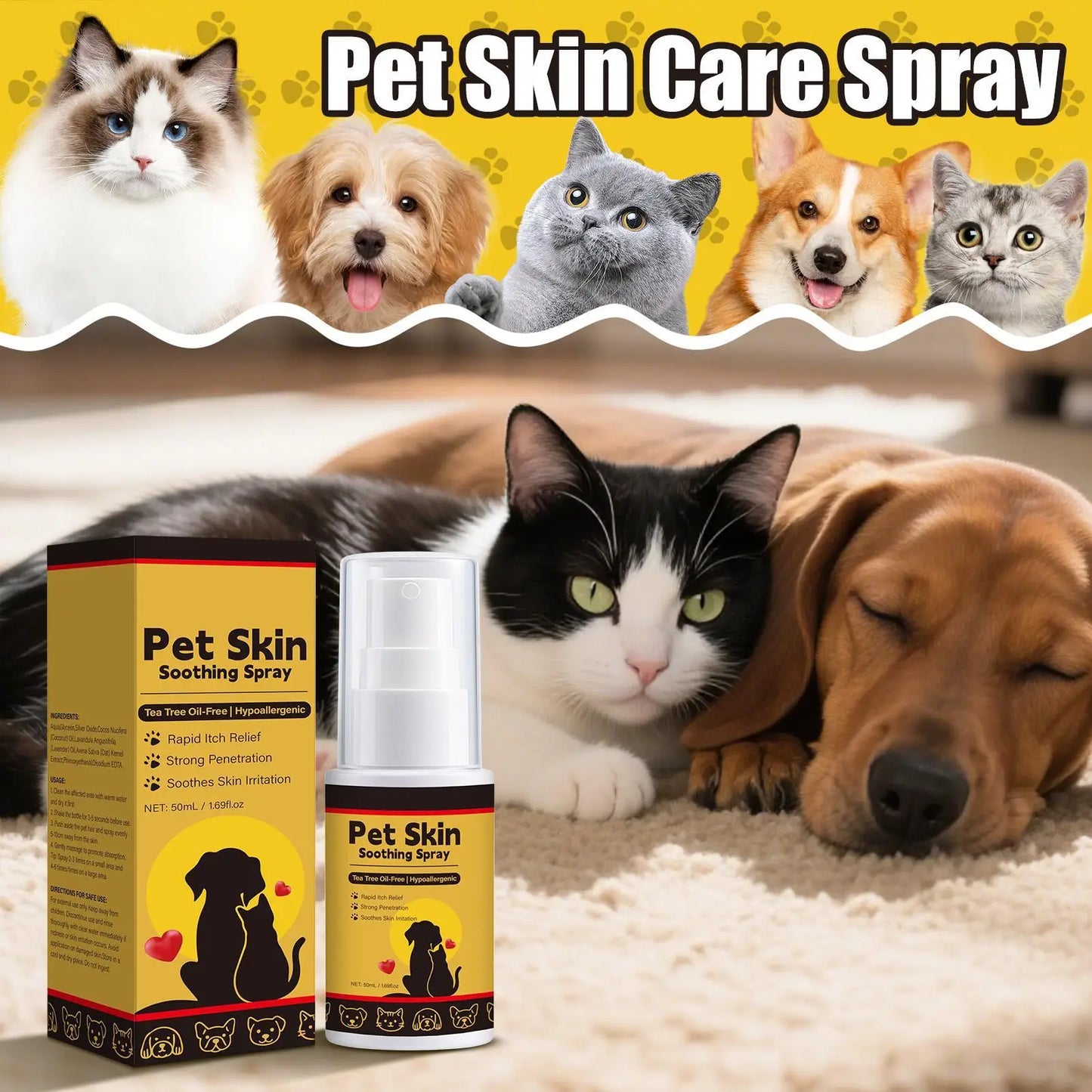 Pet Skin Spray Dog & Cat Skin Care Spray, Soothing & Spray Softening Anti-Itch Cleansing Skin, Nourishing Soothing Spray