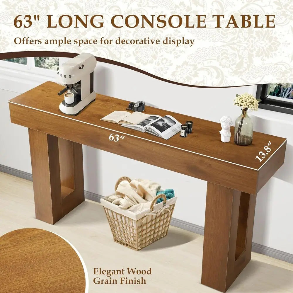 63 Rustic Brown Long Dining Table, Entryway Console, Living Room Sofa Table with Storage, Wooden Hallway Stand