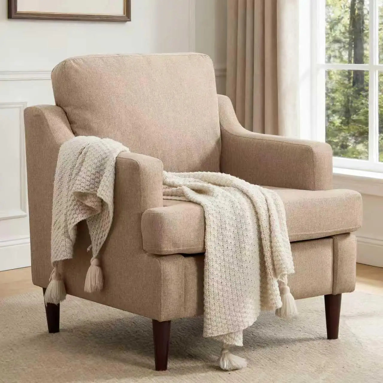 Mid-Century Accent Chair Modern Linen Fabric Armchair for Living Room,Comfy Upholstered Reading Chairs, Customized