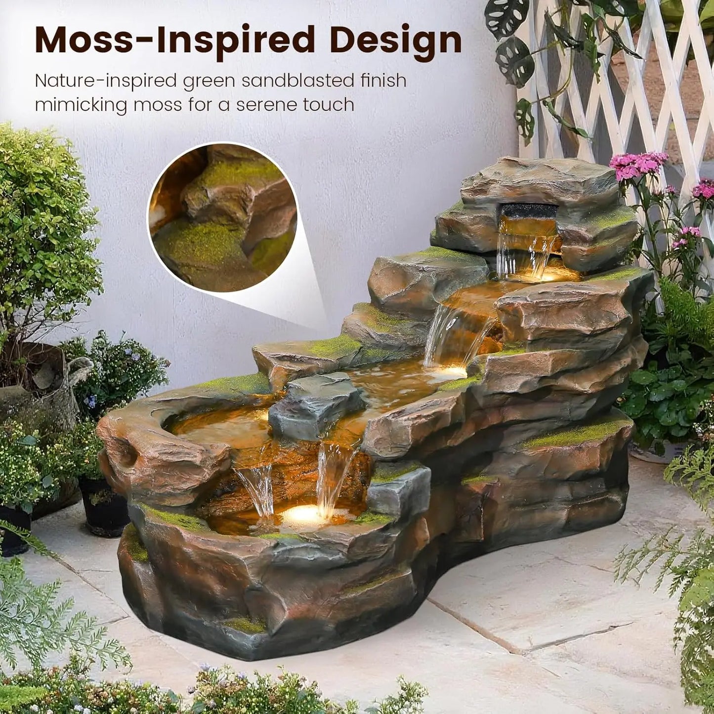 hot-sale productsBestsellerWater Fountain Outdoor Floor Standing 5-Tiers Rock Natural Waterfall Outdoor Garden Fountains with LE