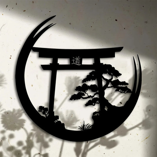 Japanese Bonsai Tree Torii Gate Wall Sculpture - Metal Wall Art, Elegant Hanging Decoration, Housewarming Iron Mural Gift