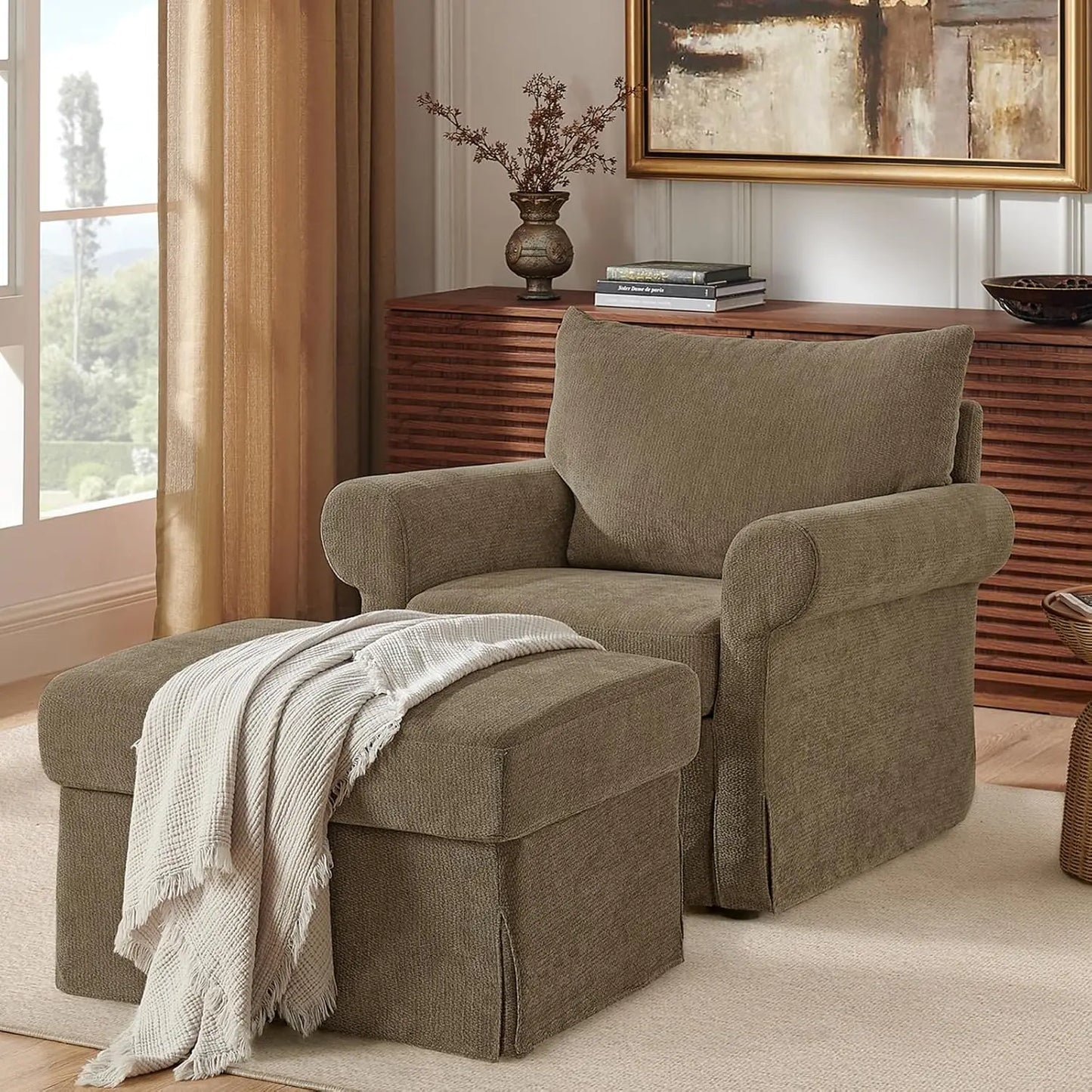 Modern Accent Chairs with Ottoman Set, Comfy Chenille Reading Armchair with Rolled Arms and Cushion Backrest, 35.8", Customized