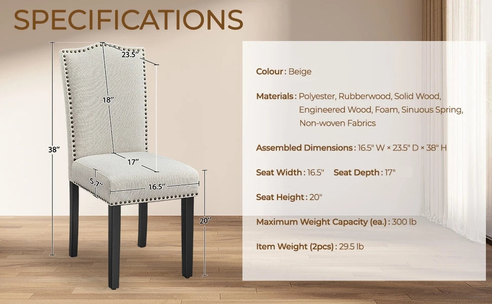 Dining Chairs Set of 2 Modern Kitchen Chairs with Fabric Upholstered Seat and Solid Wood Legs for Home Kitchen, Beige