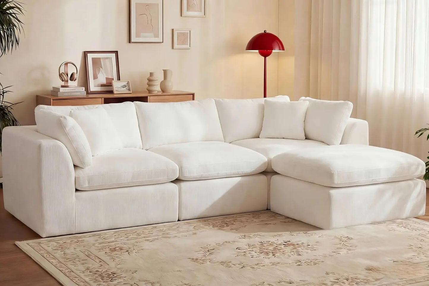 110'' Oversized L Shape Sectional Sofa Ottoman Pillows Chenille Deep Seat Memory Foam 4 Seater Washable Covers Beige Custom