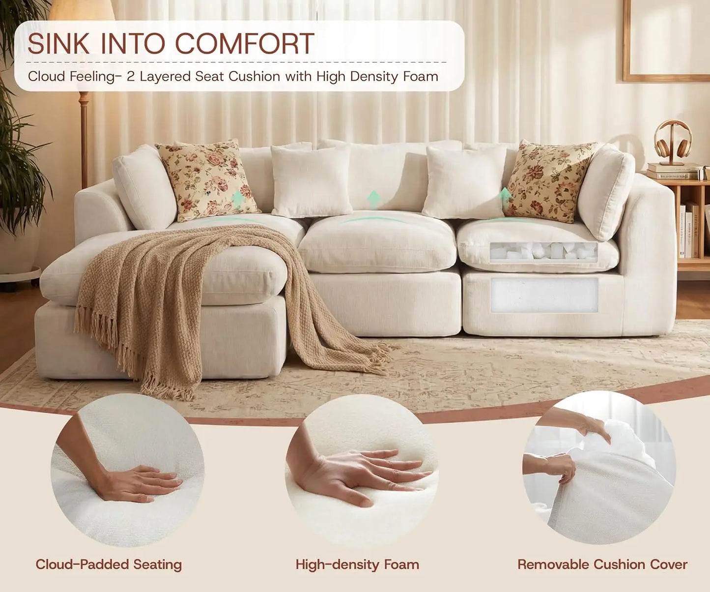 110'' Oversized L Shape Sectional Sofa Ottoman Pillows Chenille Deep Seat Memory Foam 4 Seater Washable Covers Beige Custom