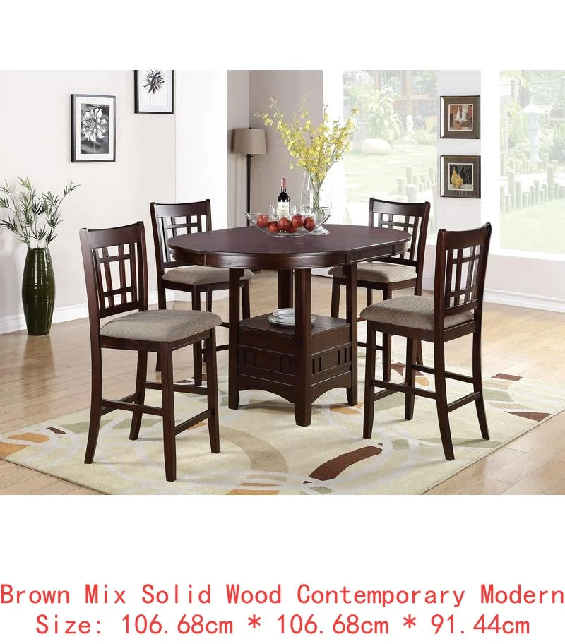 Contemporary 5pc Counter Height Dining Set, Round Table with Leaf & 4 Side Chairs, Gray Finish, Solid Wood