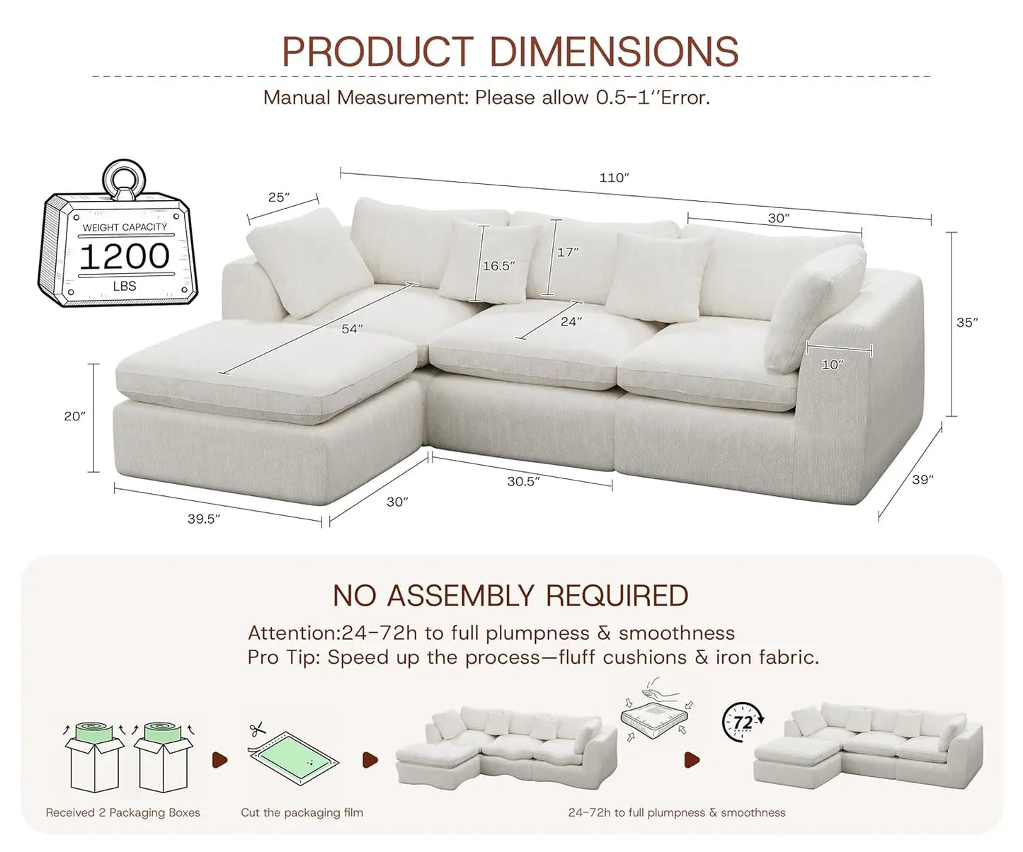 110'' Oversized L Shape Sectional Sofa Ottoman Pillows Chenille Deep Seat Memory Foam 4 Seater Washable Covers Beige Custom