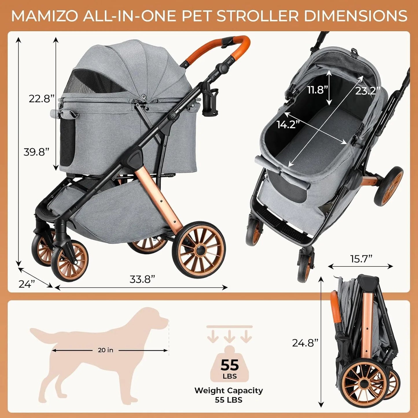 Pet Dog Stroller for Small Medium Dogs 10-30 lbs, Foldable Cat-Strollers Removable Carrier, Pet-Strollers w/ Storage Bag
